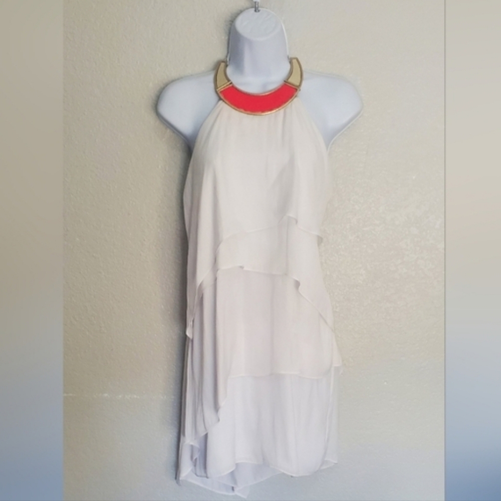 Marciano White Layered Halter Mini Dress Pink & Gold Collar Open Back